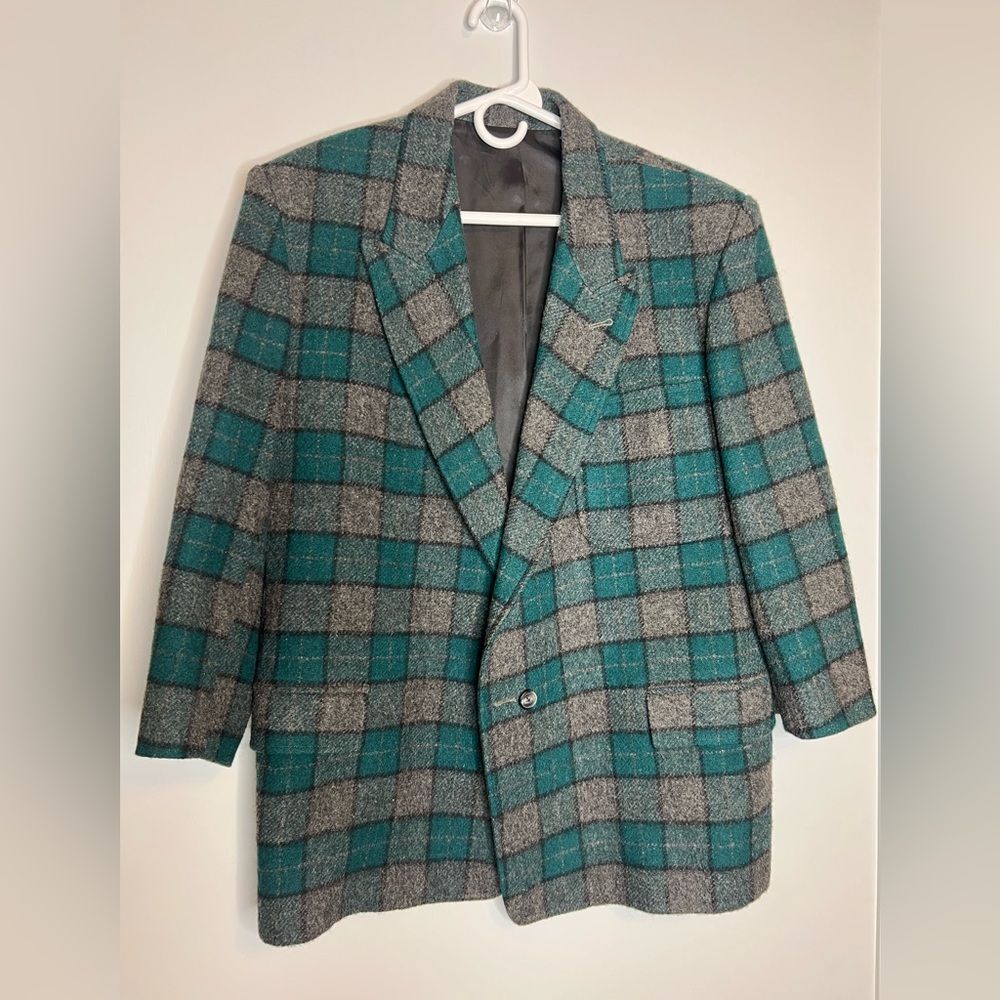 Touché Uomo 100% Wool Blazer Italian Made Size 50 Green Plaid Pattern Teal Green
